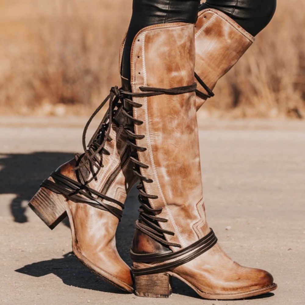 Freebird Cole Taupe Leather Lace-Up Knee-High Boots size 6